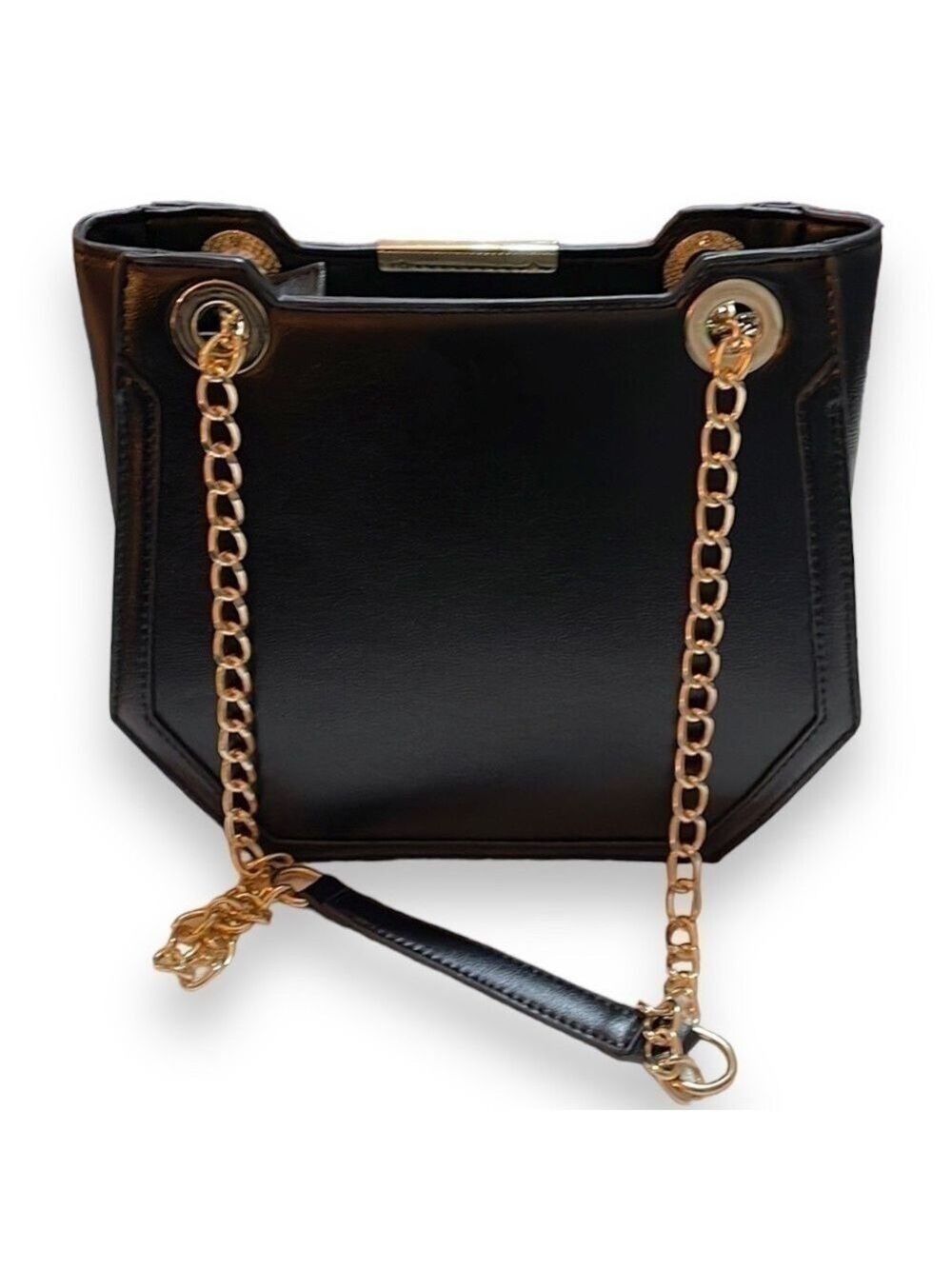 Melie Bianco Geometric Vegan Leather Black Shoulder Bag Purse with Gold Chains - Picture 3 of 8